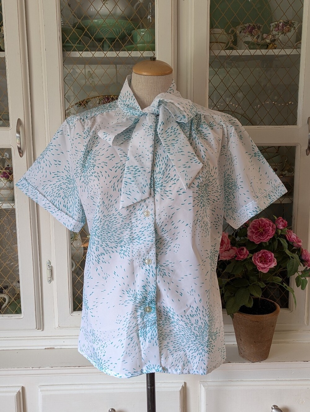 VTG 80s Bow Neck Tie Romantic Blouse Firework Motif Victorian Cottagecore Vibes